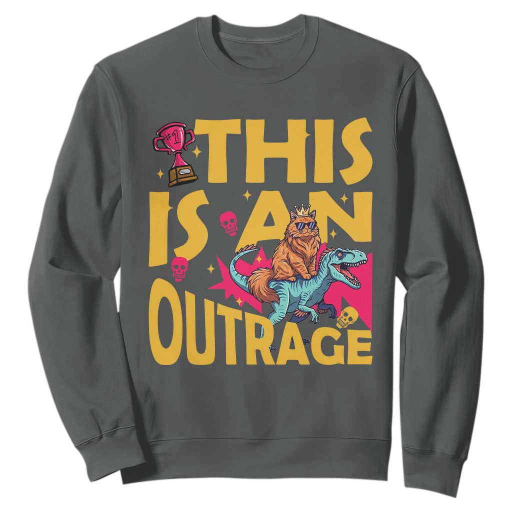 This Is An Outrage Sassy Cat Riding Raptor Dinosaur Sweatshirt Retro Pop Art Graphic TS02 Dark Heather Print Your Wear