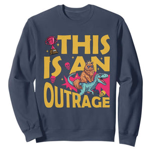 This Is An Outrage Sassy Cat Riding Raptor Dinosaur Sweatshirt Retro Pop Art Graphic TS02 Navy Print Your Wear