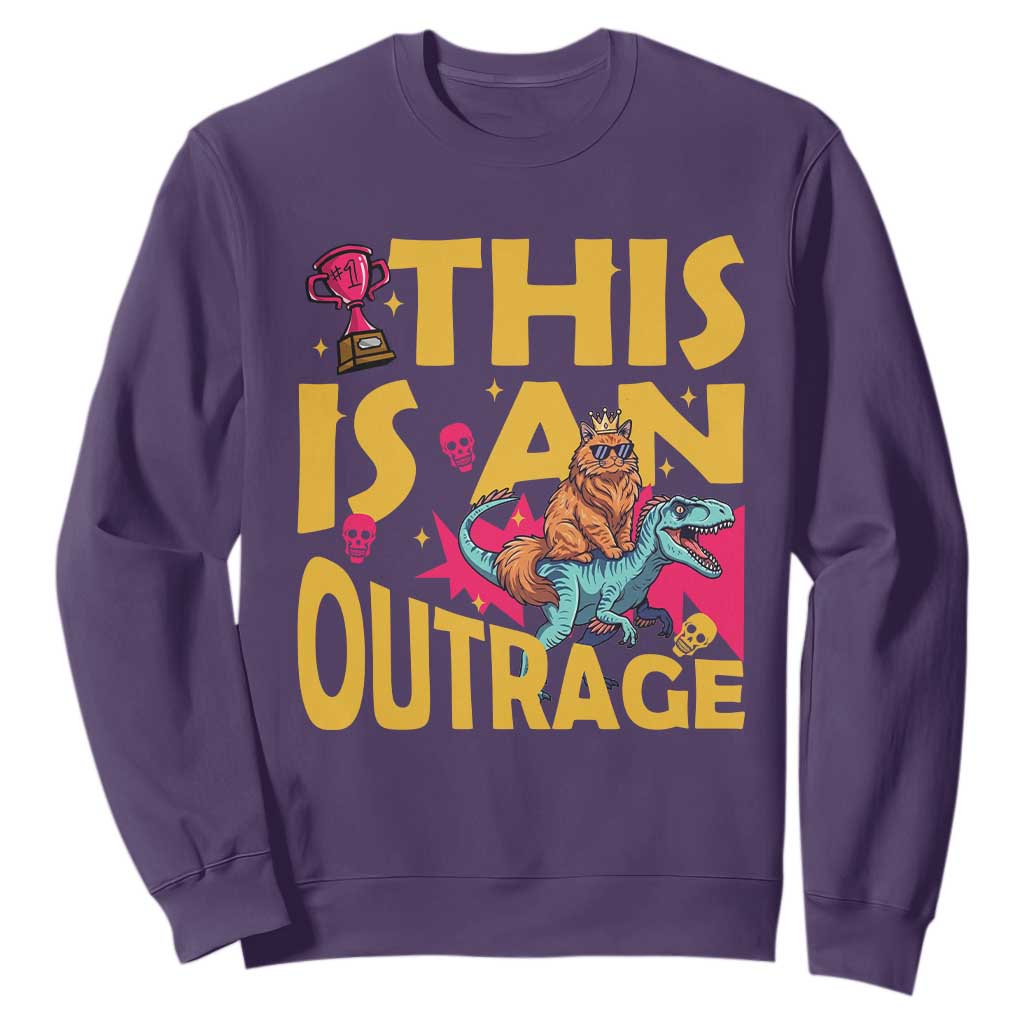 This Is An Outrage Sassy Cat Riding Raptor Dinosaur Sweatshirt Retro Pop Art Graphic TS02 Purple Print Your Wear