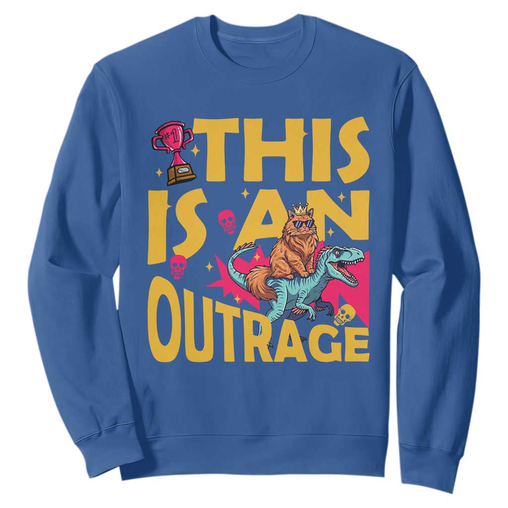 This Is An Outrage Sassy Cat Riding Raptor Dinosaur Sweatshirt Retro Pop Art Graphic TS02 Royal Blue Print Your Wear