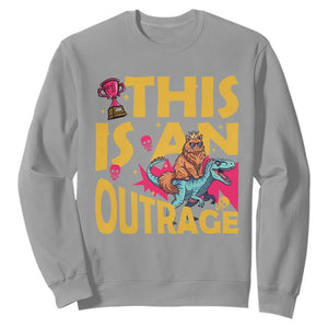 This Is An Outrage Sassy Cat Riding Raptor Dinosaur Sweatshirt Retro Pop Art Graphic TS02 Sport Gray Print Your Wear