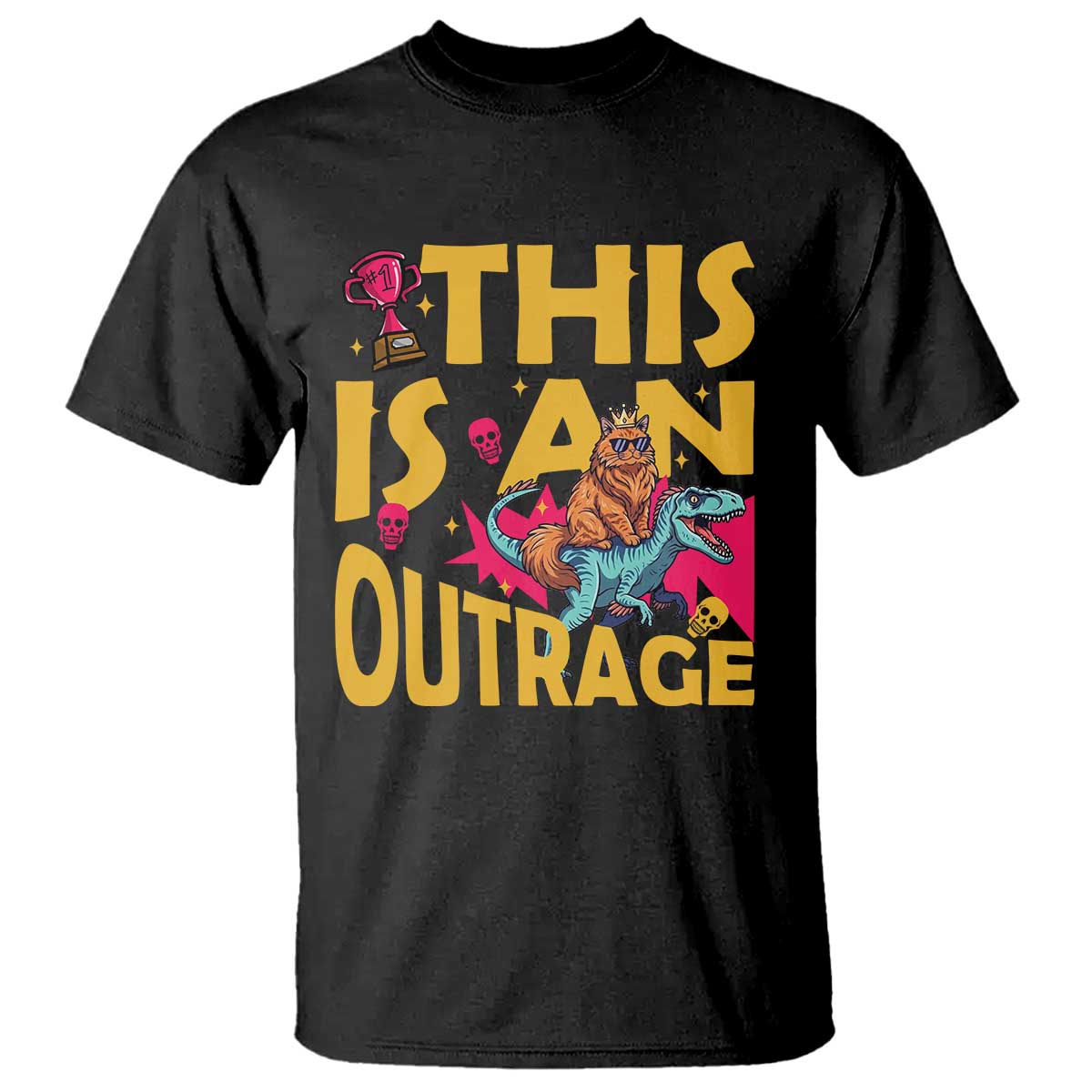 This Is An Outrage Sassy Cat Riding Raptor Dinosaur T Shirt Retro Pop Art Graphic TS02 Black Print Your Wear