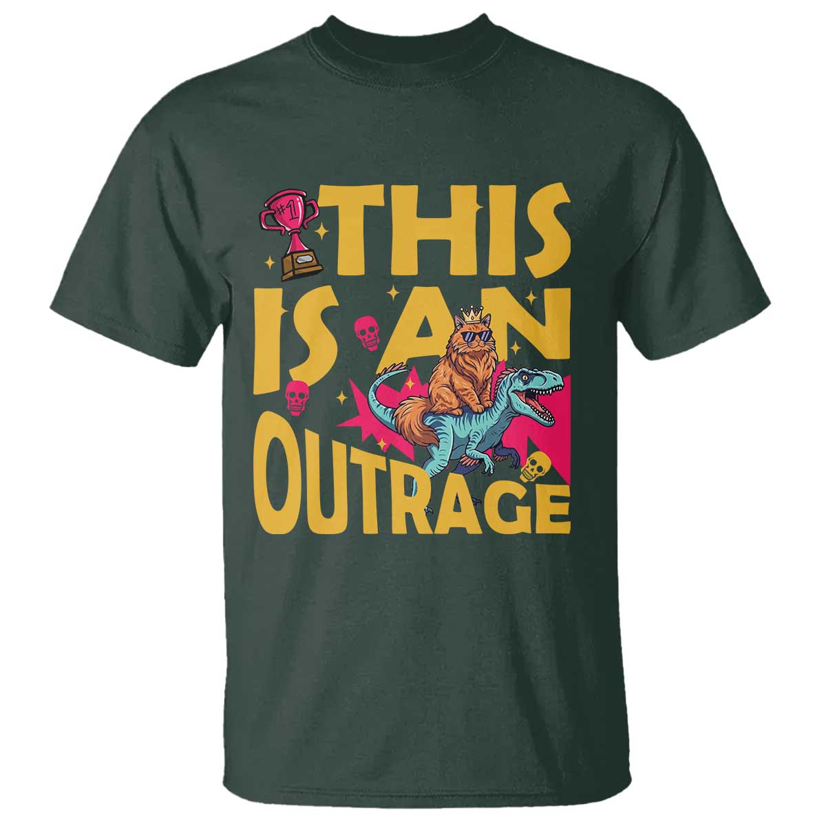 This Is An Outrage Sassy Cat Riding Raptor Dinosaur T Shirt Retro Pop Art Graphic TS02 Dark Forest Green Print Your Wear