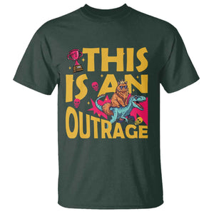 This Is An Outrage Sassy Cat Riding Raptor Dinosaur T Shirt Retro Pop Art Graphic TS02 Dark Forest Green Print Your Wear