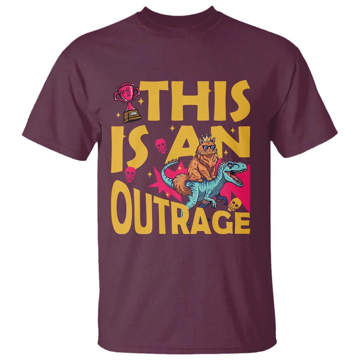 This Is An Outrage Sassy Cat Riding Raptor Dinosaur T Shirt Retro Pop Art Graphic TS02 Maroon Print Your Wear
