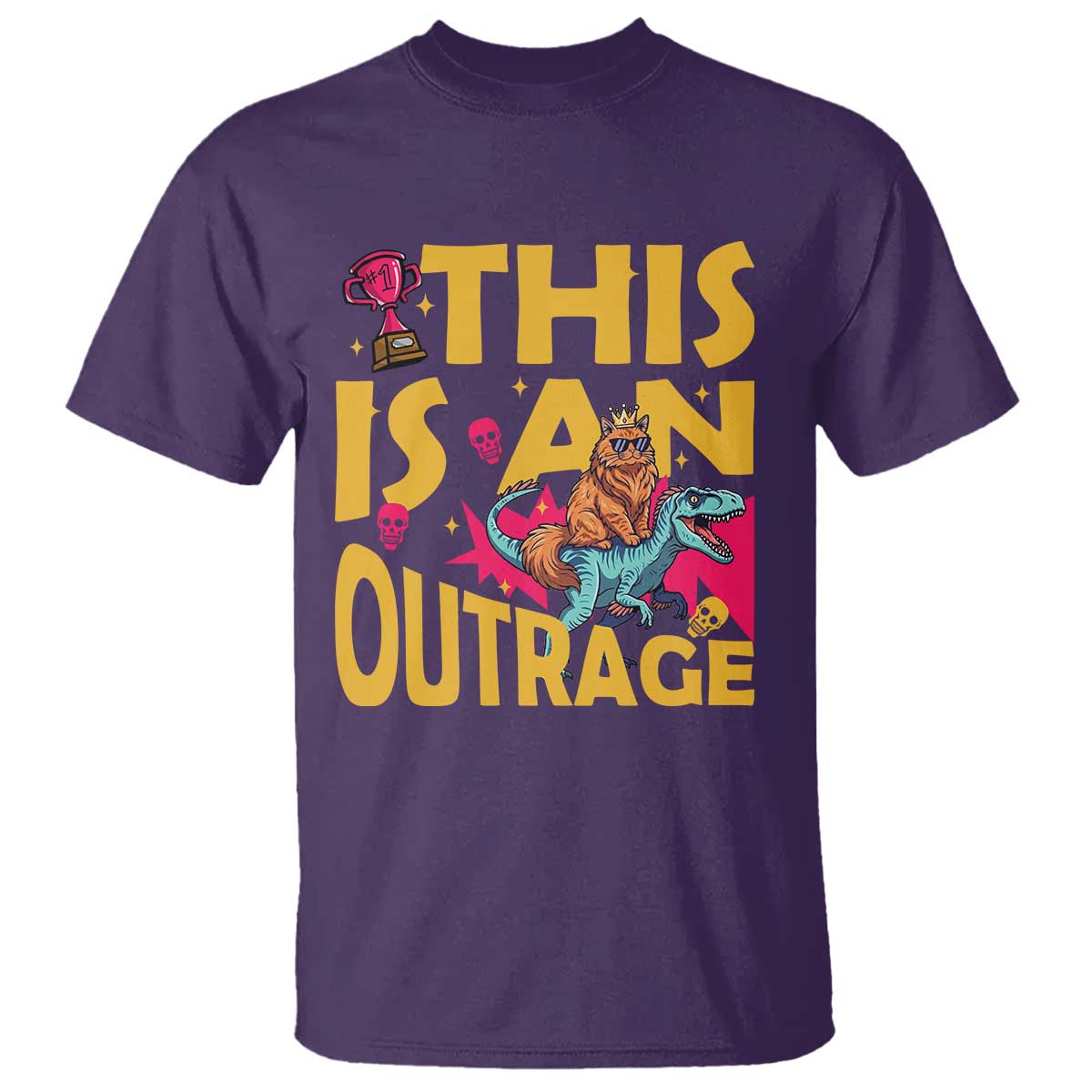 This Is An Outrage Sassy Cat Riding Raptor Dinosaur T Shirt Retro Pop Art Graphic TS02 Purple Print Your Wear