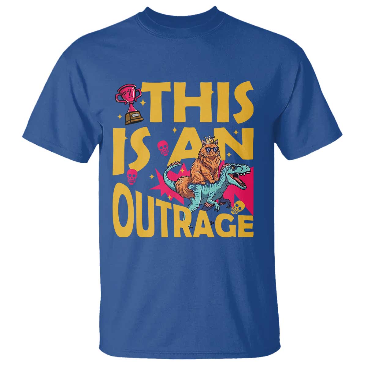 This Is An Outrage Sassy Cat Riding Raptor Dinosaur T Shirt Retro Pop Art Graphic TS02 Royal Blue Print Your Wear