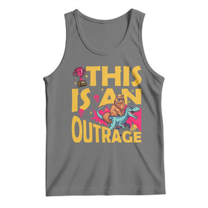This Is An Outrage Sassy Cat Riding Raptor Dinosaur Tank Top Retro Pop Art Graphic TS02 Black Heather Print Your Wear