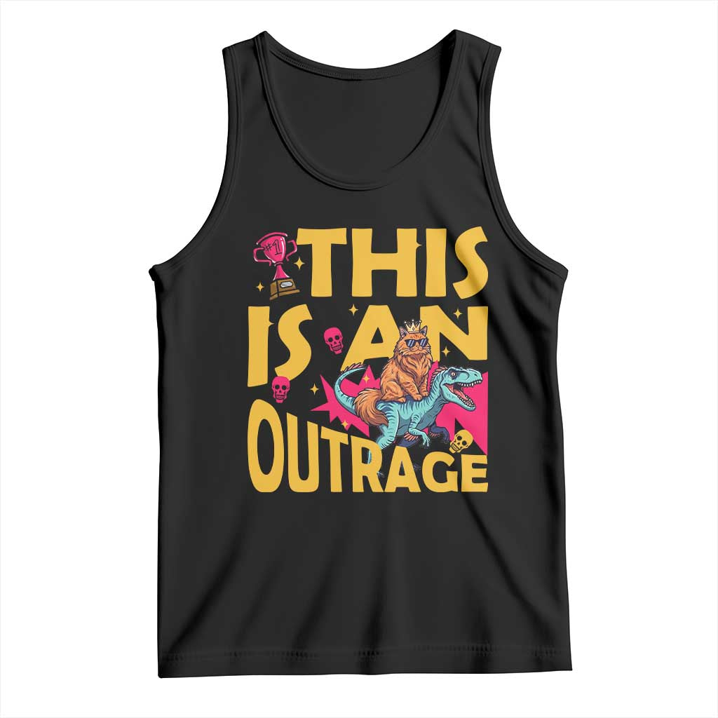This Is An Outrage Sassy Cat Riding Raptor Dinosaur Tank Top Retro Pop Art Graphic TS02 Black Print Your Wear