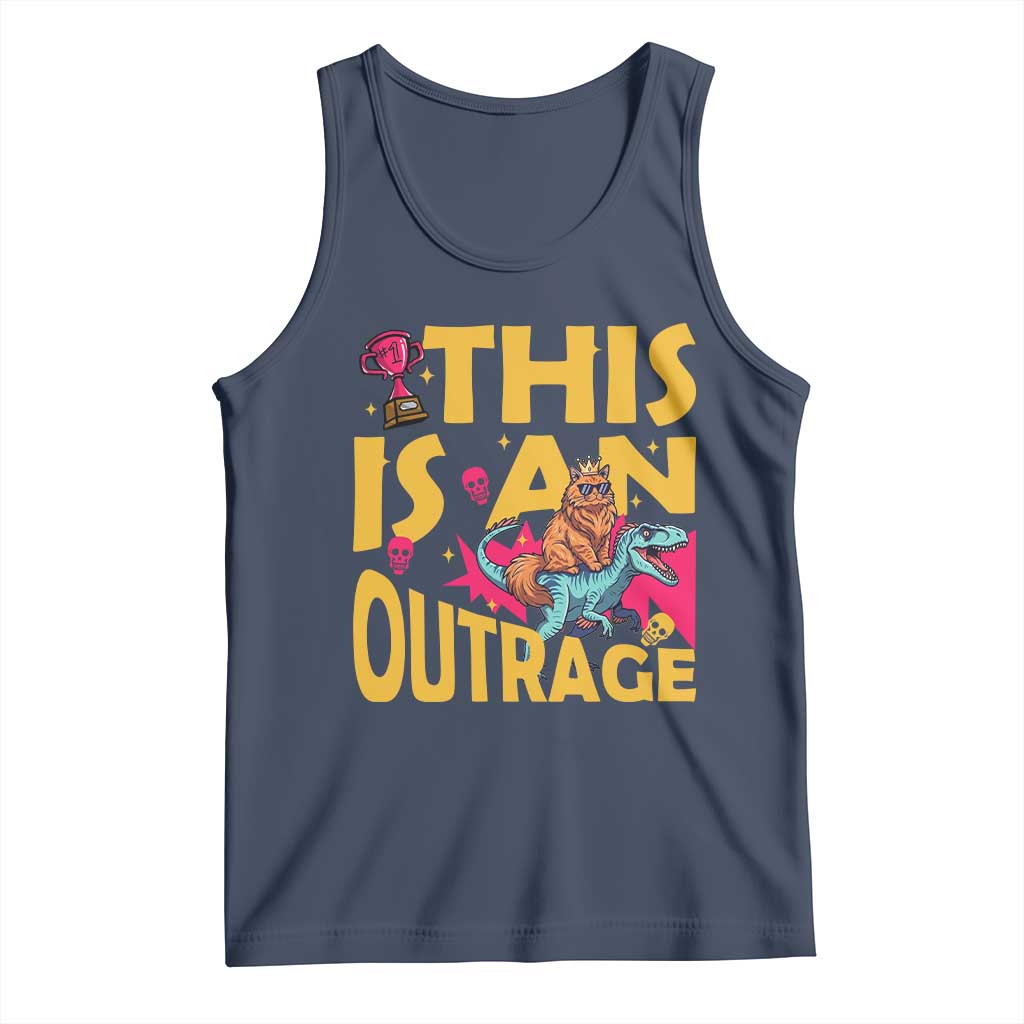 This Is An Outrage Sassy Cat Riding Raptor Dinosaur Tank Top Retro Pop Art Graphic TS02 Navy Print Your Wear