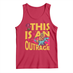 This Is An Outrage Sassy Cat Riding Raptor Dinosaur Tank Top Retro Pop Art Graphic TS02 Red Print Your Wear
