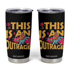 This Is An Outrage Sassy Cat Riding Raptor Dinosaur Tumbler Cup Retro Pop Art Graphic TS02 Black Print Your Wear