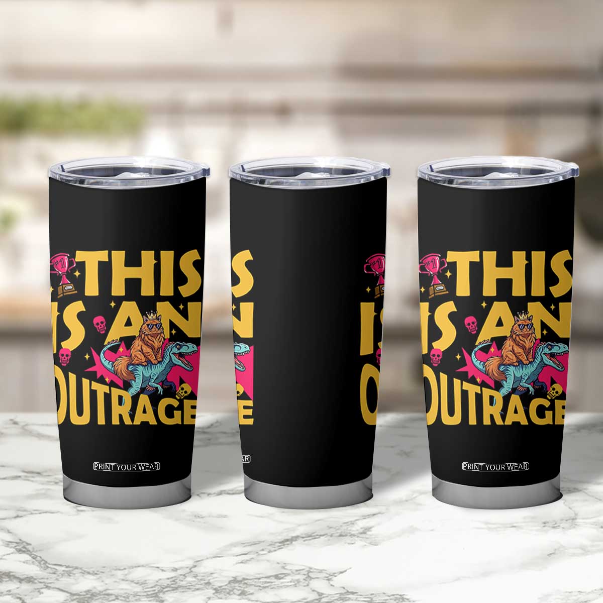This Is An Outrage Sassy Cat Riding Raptor Dinosaur Tumbler Cup Retro Pop Art Graphic TS02 Print Your Wear