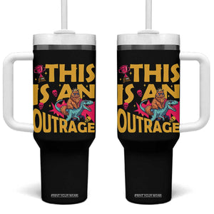 This Is An Outrage Sassy Cat Riding Raptor Dinosaur Tumbler With Handle Retro Pop Art Graphic TS02 One Size: 40 oz Black Print Your Wear