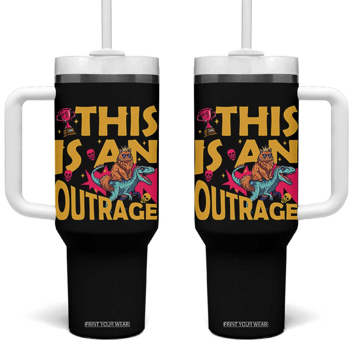This Is An Outrage Sassy Cat Riding Raptor Dinosaur Tumbler With Handle Retro Pop Art Graphic TS02 One Size: 40 oz Black Print Your Wear