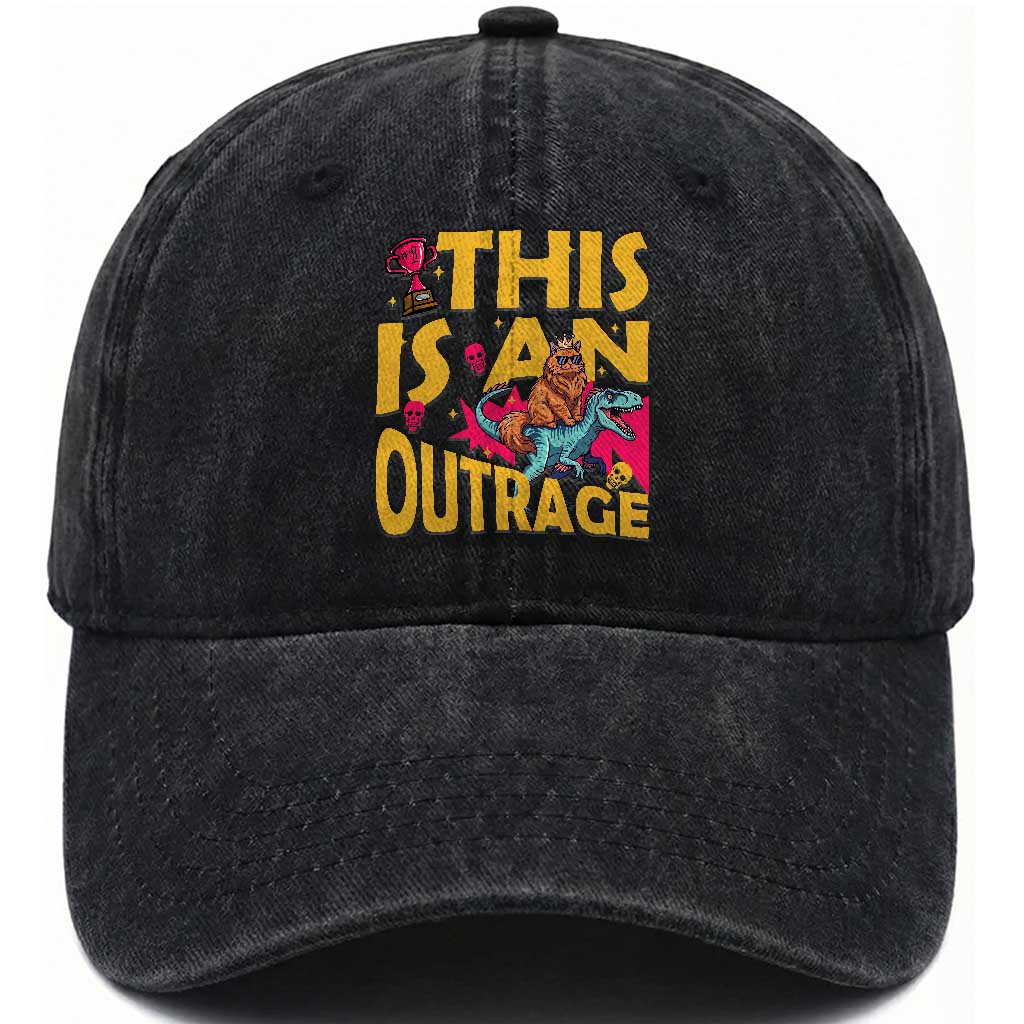 This Is An Outrage Sassy Cat Riding Raptor Dinosaur Washed Cotton Baseball Cap Retro Pop Art Graphic TS02 Print Your Wear