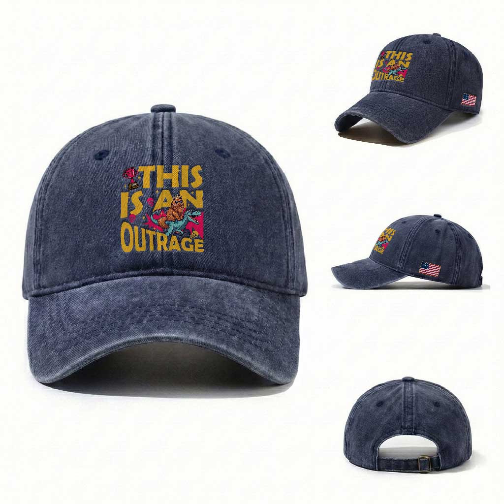 This Is An Outrage Sassy Cat Riding Raptor Dinosaur Washed Cotton Baseball Cap Retro Pop Art Graphic TS02 Washed Cap Universal Fit Navy Print Your Wear