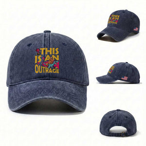 This Is An Outrage Sassy Cat Riding Raptor Dinosaur Washed Cotton Baseball Cap Retro Pop Art Graphic TS02 Washed Cap Universal Fit Navy Print Your Wear