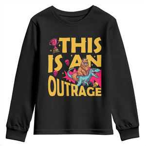 This Is An Outrage Sassy Cat Riding Raptor Dinosaur Youth Sweatshirt Retro Pop Art Graphic TS02 Black Print Your Wear