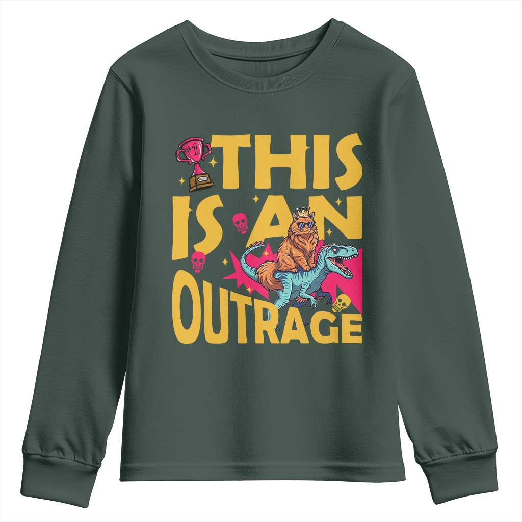 This Is An Outrage Sassy Cat Riding Raptor Dinosaur Youth Sweatshirt Retro Pop Art Graphic TS02 Dark Forest Green Print Your Wear
