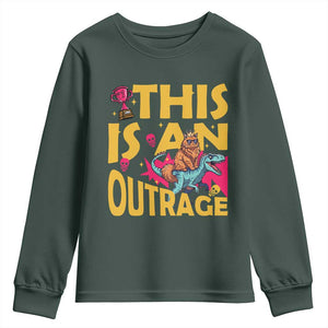 This Is An Outrage Sassy Cat Riding Raptor Dinosaur Youth Sweatshirt Retro Pop Art Graphic TS02 Dark Forest Green Print Your Wear