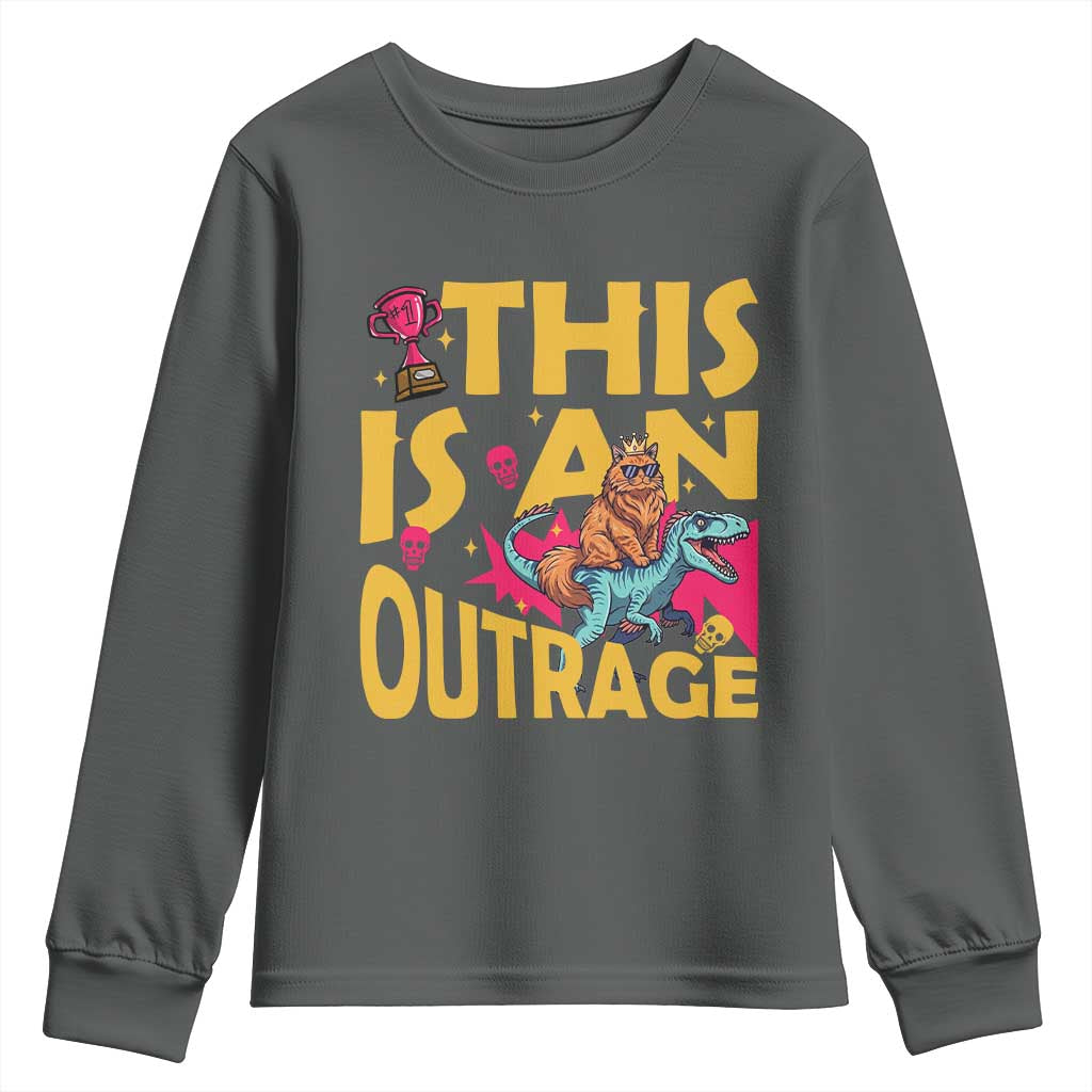 This Is An Outrage Sassy Cat Riding Raptor Dinosaur Youth Sweatshirt Retro Pop Art Graphic TS02 Dark Heather Print Your Wear