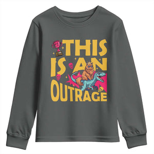 This Is An Outrage Sassy Cat Riding Raptor Dinosaur Youth Sweatshirt Retro Pop Art Graphic TS02 Dark Heather Print Your Wear