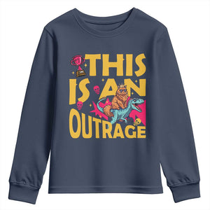This Is An Outrage Sassy Cat Riding Raptor Dinosaur Youth Sweatshirt Retro Pop Art Graphic TS02 Navy Print Your Wear