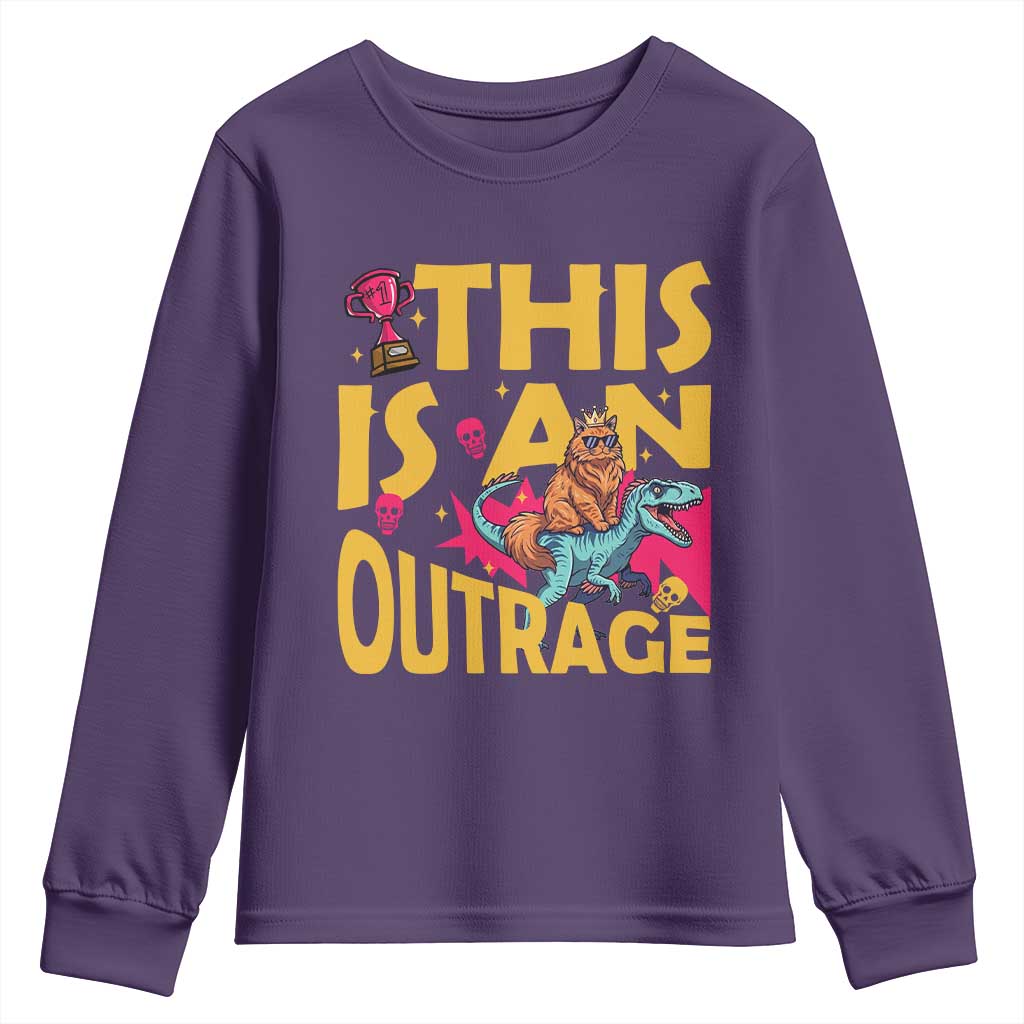 This Is An Outrage Sassy Cat Riding Raptor Dinosaur Youth Sweatshirt Retro Pop Art Graphic TS02 Purple Print Your Wear