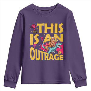 This Is An Outrage Sassy Cat Riding Raptor Dinosaur Youth Sweatshirt Retro Pop Art Graphic TS02 Purple Print Your Wear