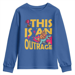 This Is An Outrage Sassy Cat Riding Raptor Dinosaur Youth Sweatshirt Retro Pop Art Graphic TS02 Royal Blue Print Your Wear
