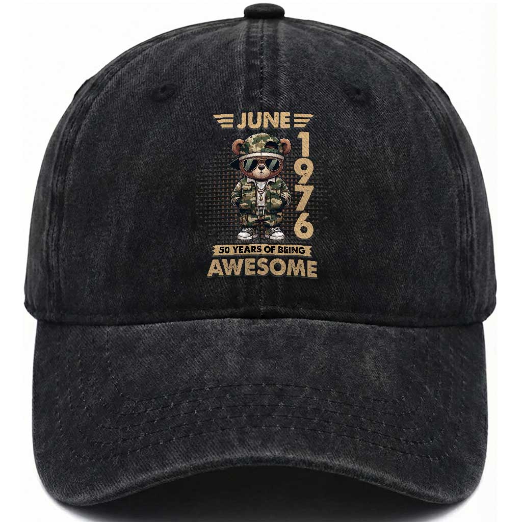 Cool Teddy Bear June 1976 50th Birthday Washed Cotton Baseball Cap 50 Years Of Being Awesome Retro Streetwear Gift TS02 Print Your Wear