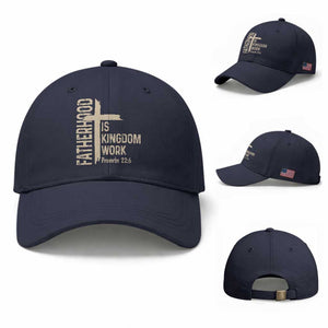 Fatherhood Is Kingdom Work Christian Dad Distressed Cross Baseball Cap Bible Verse Proverbs 22:6 Gift for Faith-Based Fathers TS02 Baseball Cap Universal Fit Navy Print Your Wear