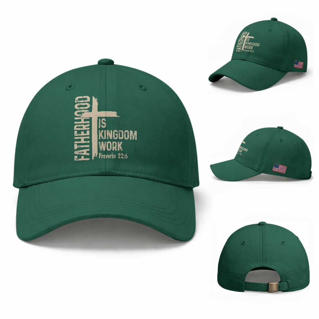 Fatherhood Is Kingdom Work Christian Dad Distressed Cross Baseball Cap Bible Verse Proverbs 22:6 Gift for Faith-Based Fathers TS02 Baseball Cap Universal Fit Irish Green Print Your Wear