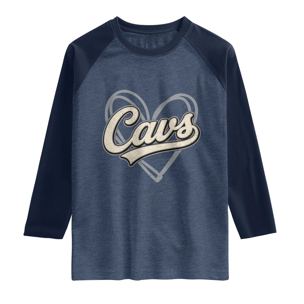 Vintage Cavs Name Script Heart Raglan Shirt for Sports Fan TS02 Heather Denim Navy Print Your Wear