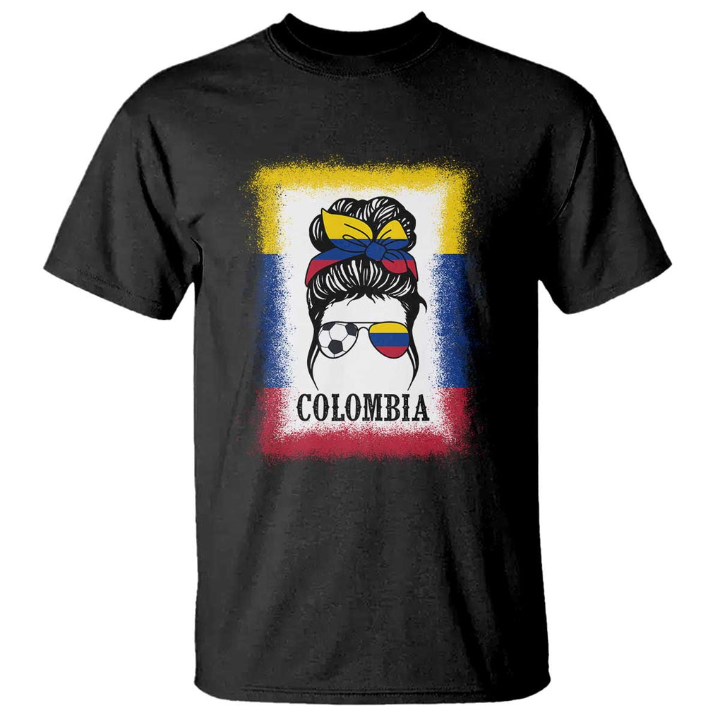 Colombia Football T Shirt Colombian Messy Bun Futbol Lover Bleached TS02 Black Print Your Wear