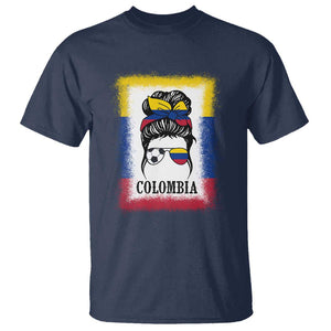 Colombia Football T Shirt Colombian Messy Bun Futbol Lover Bleached TS02 Navy Print Your Wear