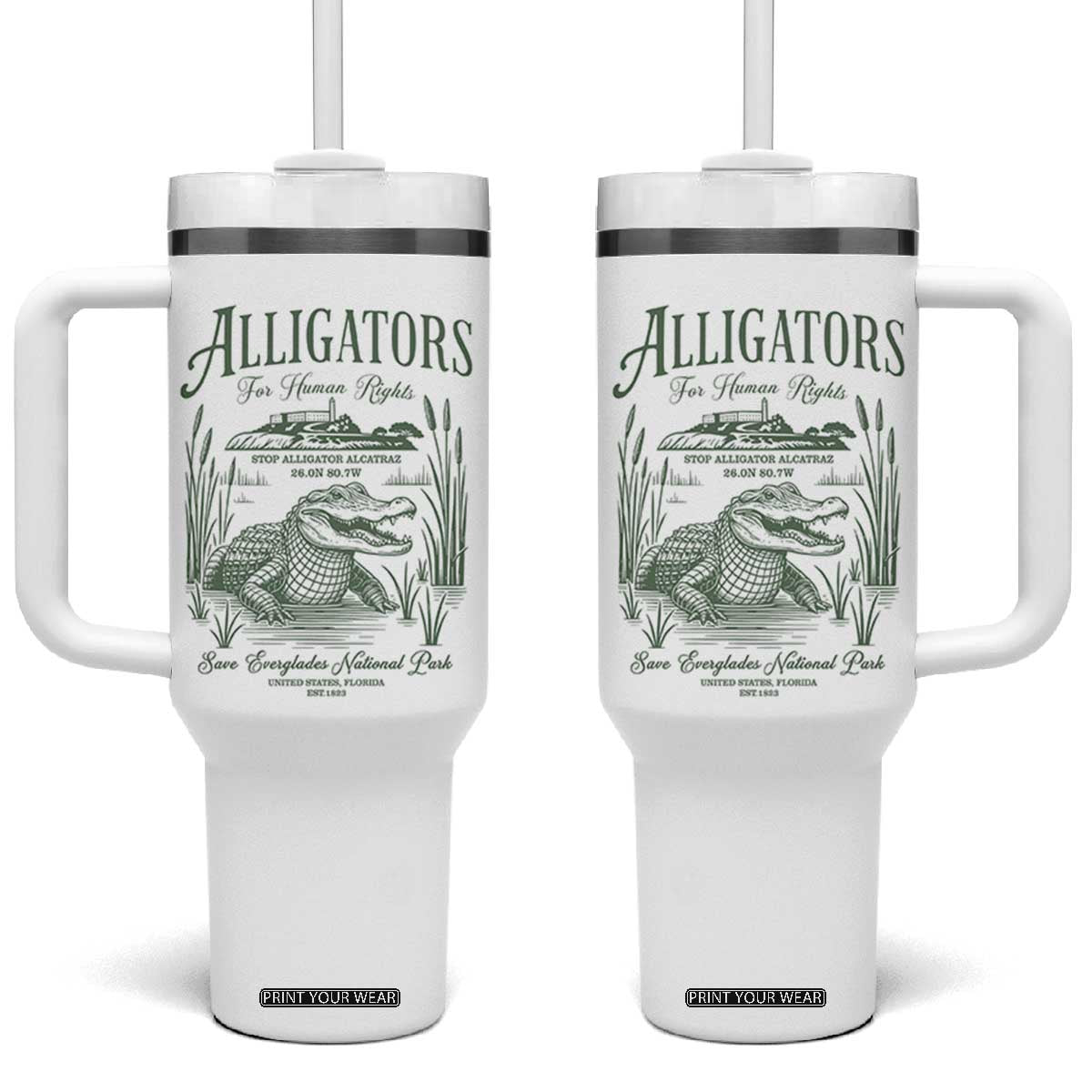 Alligators for Human Rights Tumbler With Handle Save Everglades Alcatraz TS02 One Size: 40 oz White Print Your Wear