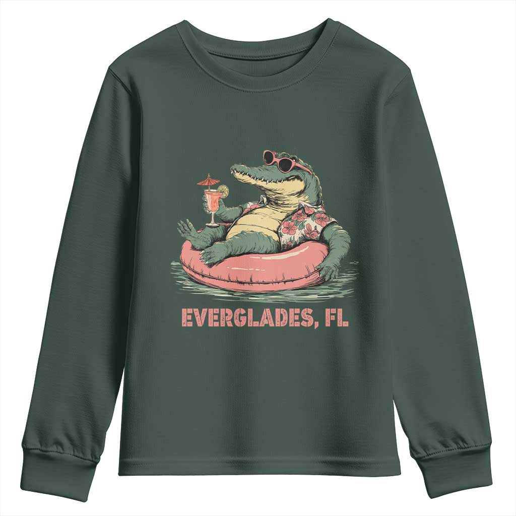 Funny Tropical Alligator Youth Sweatshirt Everglades Florida FL Summer Vibe TS02 Dark Forest Green Print Your Wear