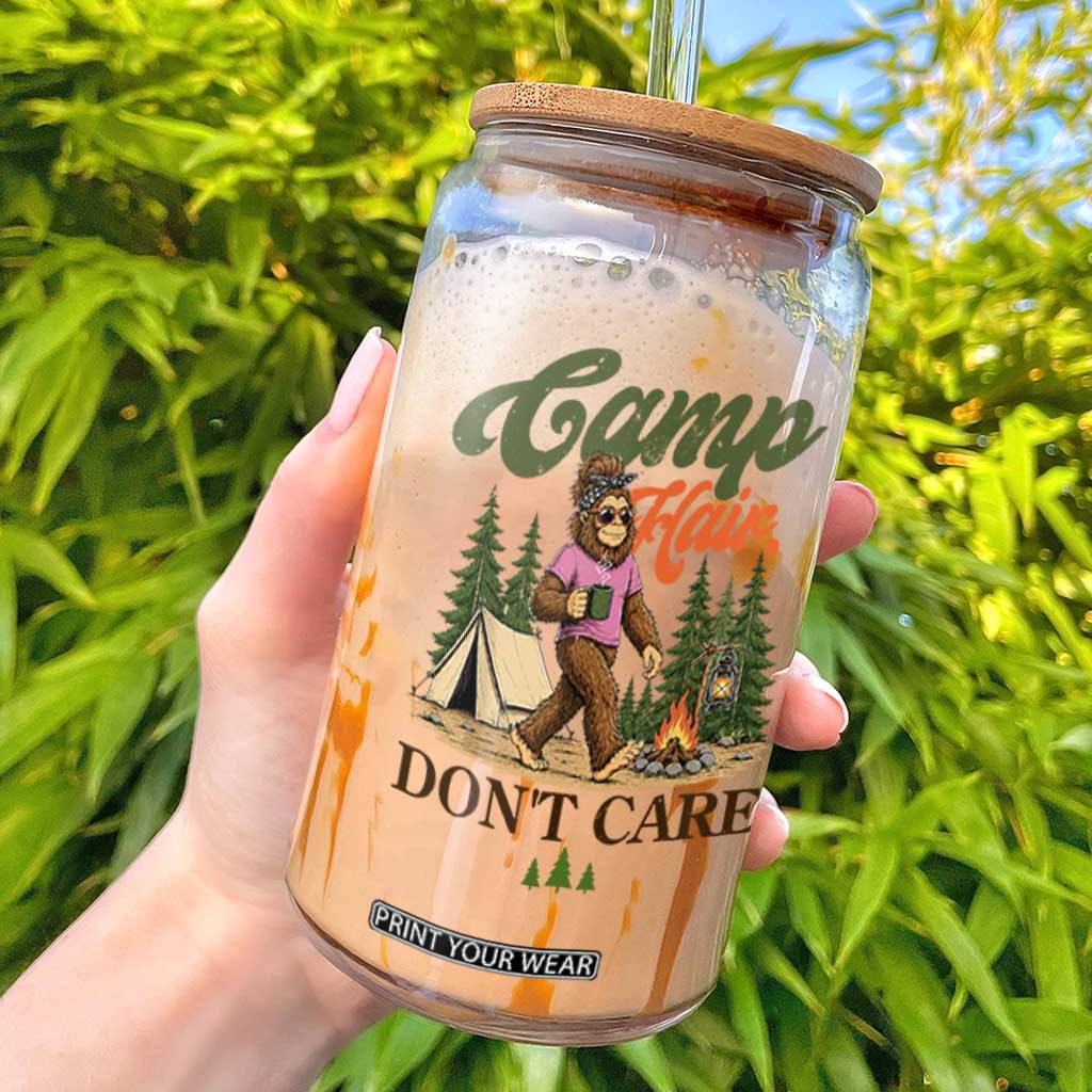 Vintage Funny Girly Bigfoot Camper Glass Can Camp Hair Don't Care Sasquatch Camping Outdoor Adventure TS02 White Print Your Wear
