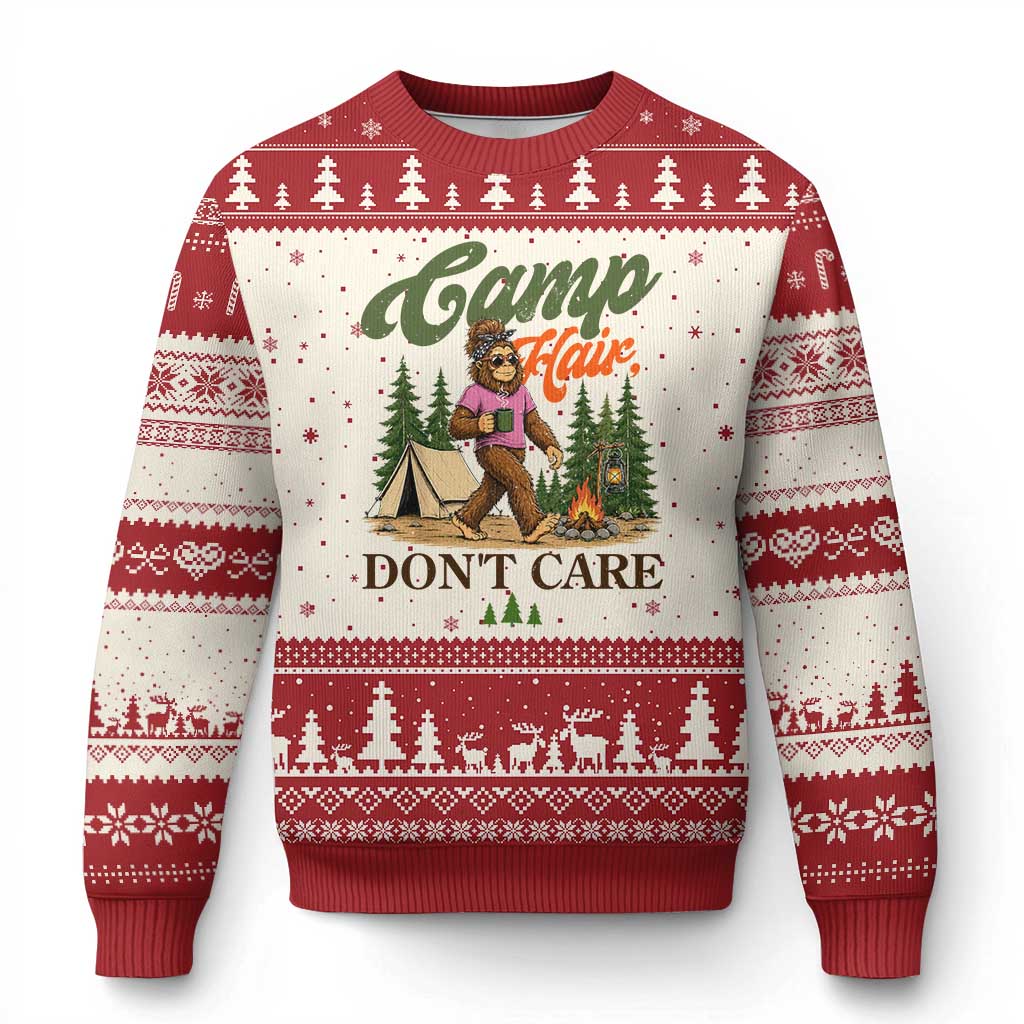 Vintage Funny Girly Bigfoot Camper Ugly Christmas Sweater Camp Hair Don't Care Sasquatch Camping Outdoor Adventure TS02 Beige Red Print Your Wear