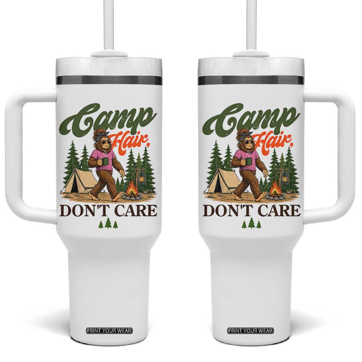 Vintage Funny Girly Bigfoot Camper Tumbler With Handle Camp Hair Don't Care Sasquatch Camping Outdoor Adventure TS02 One Size: 40 oz White Print Your Wear