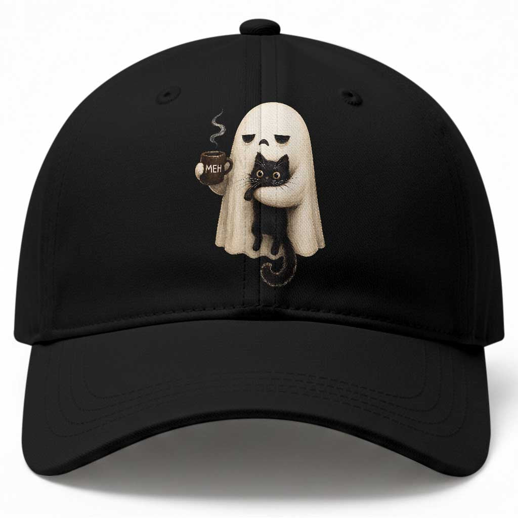 Meh Boojee Sleepy Ghost Holding Black Cat Drinking Coffee Baseball Cap Spooky Halloween Cute Autumn Morning Mood Graphic TS02 Print Your Wear