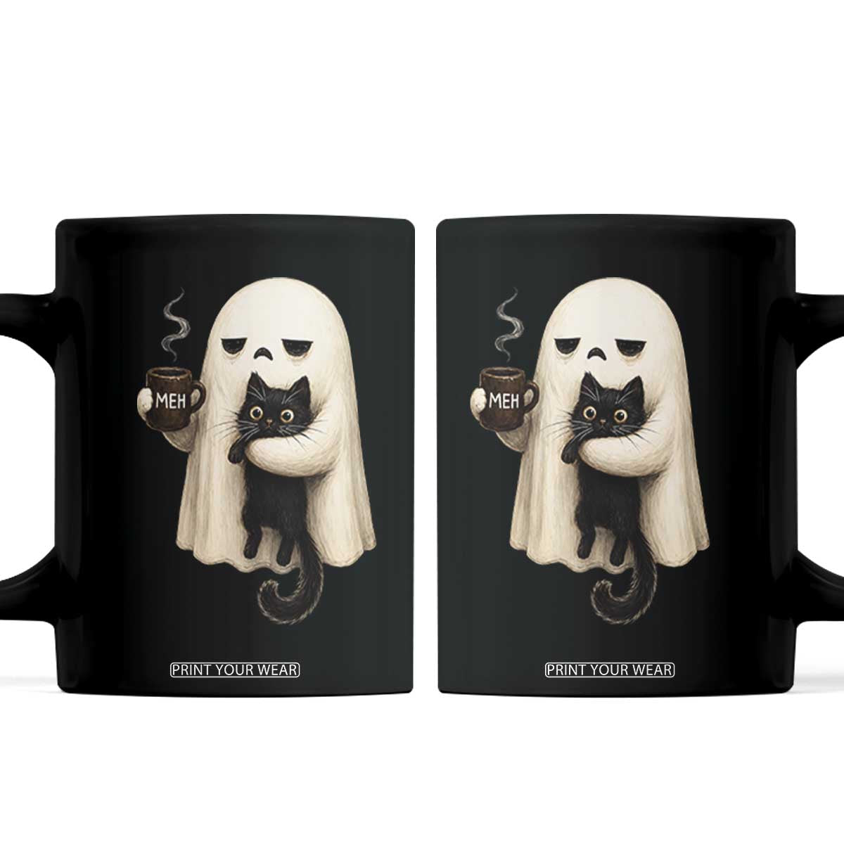 Meh Boojee Sleepy Ghost Holding Black Cat Drinking Coffee Coffee Mug Spooky Halloween Cute Autumn Morning Mood Graphic TS02 Black Print Your Wear