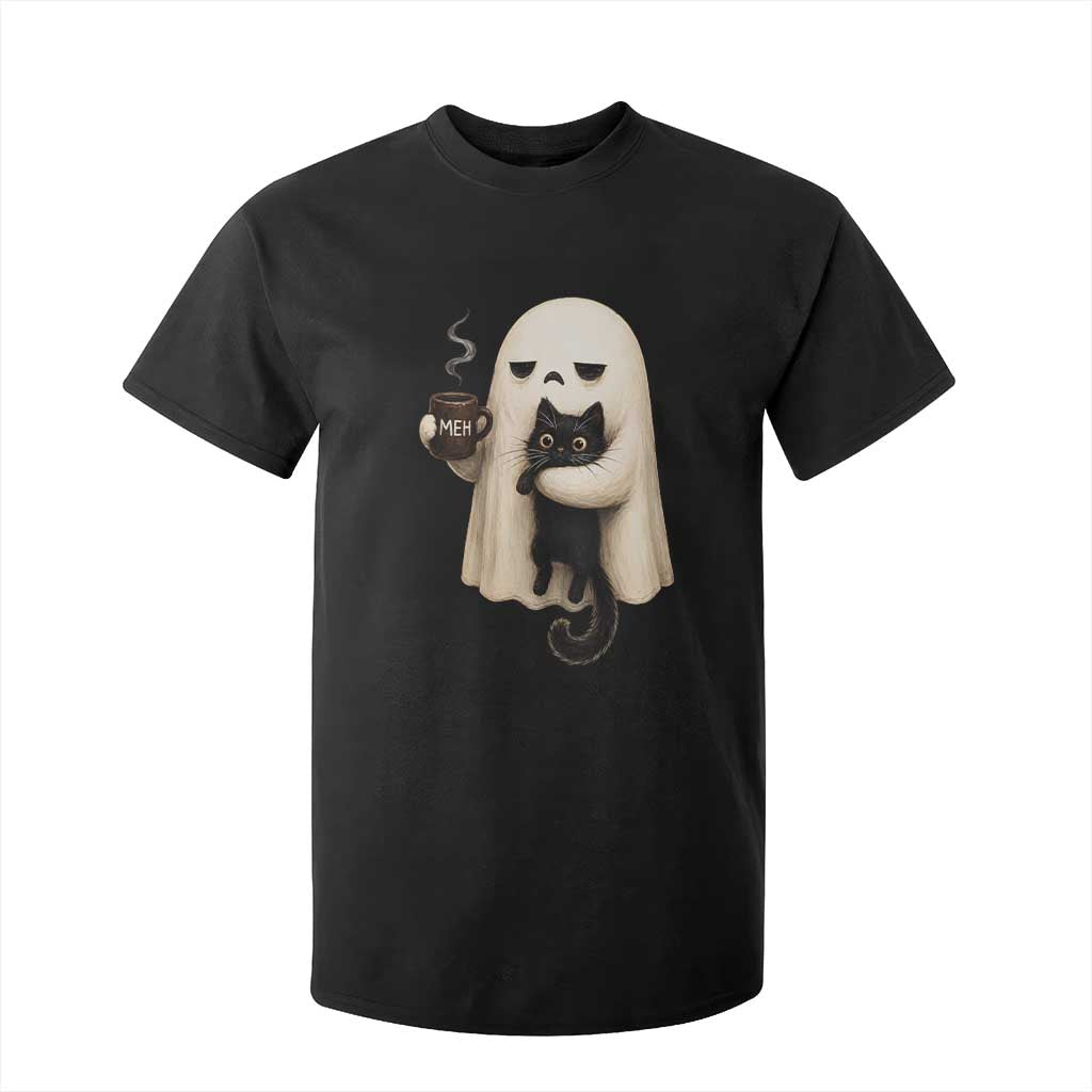 Meh Boojee Sleepy Ghost Holding Black Cat Drinking Coffee T Shirt For Kid Spooky Halloween Cute Autumn Morning Mood Graphic TS02 Black Print Your Wear