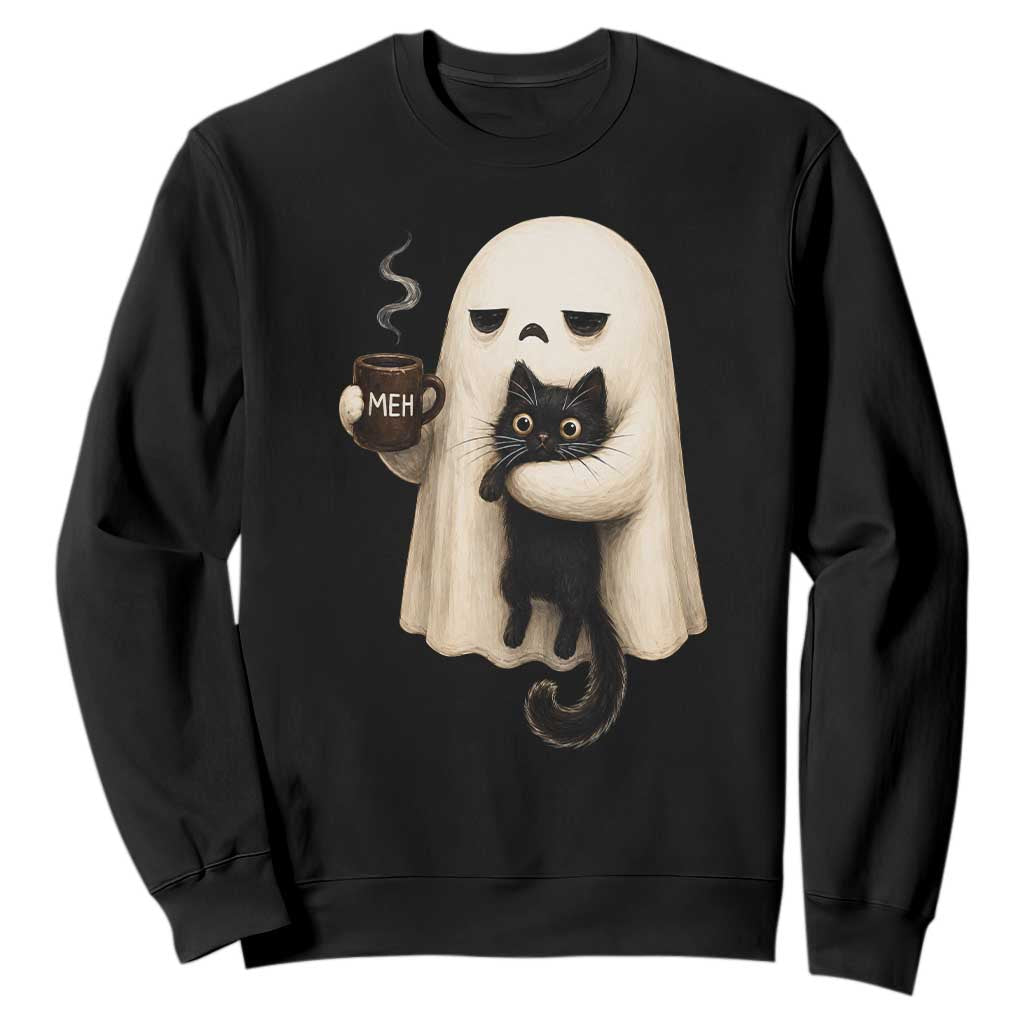 Meh Boojee Sleepy Ghost Holding Black Cat Drinking Coffee Sweatshirt Spooky Halloween Cute Autumn Morning Mood Graphic TS02 Black Print Your Wear