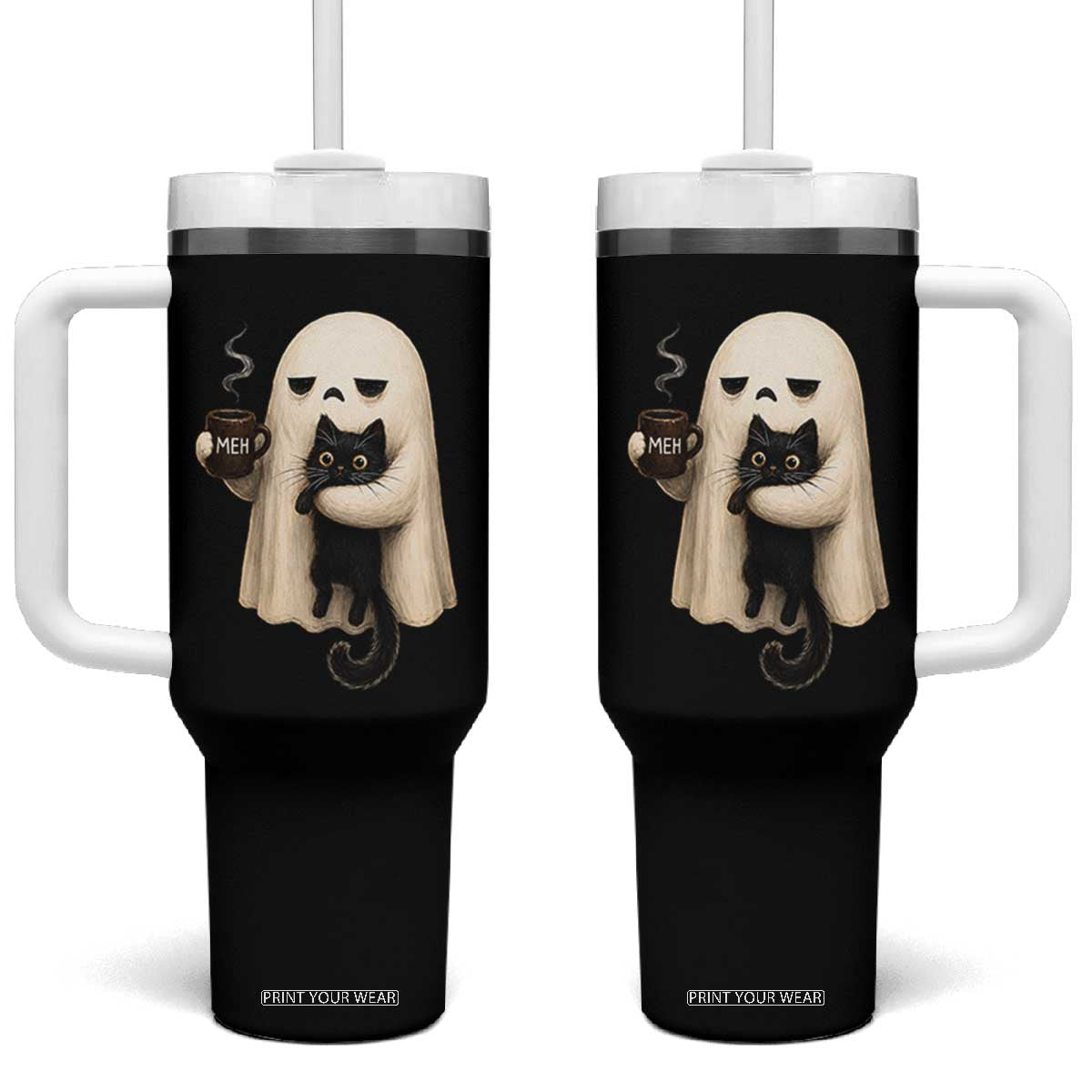 Meh Boojee Sleepy Ghost Holding Black Cat Drinking Coffee Tumbler With Handle Spooky Halloween Cute Autumn Morning Mood Graphic TS02 One Size: 40 oz Black Print Your Wear