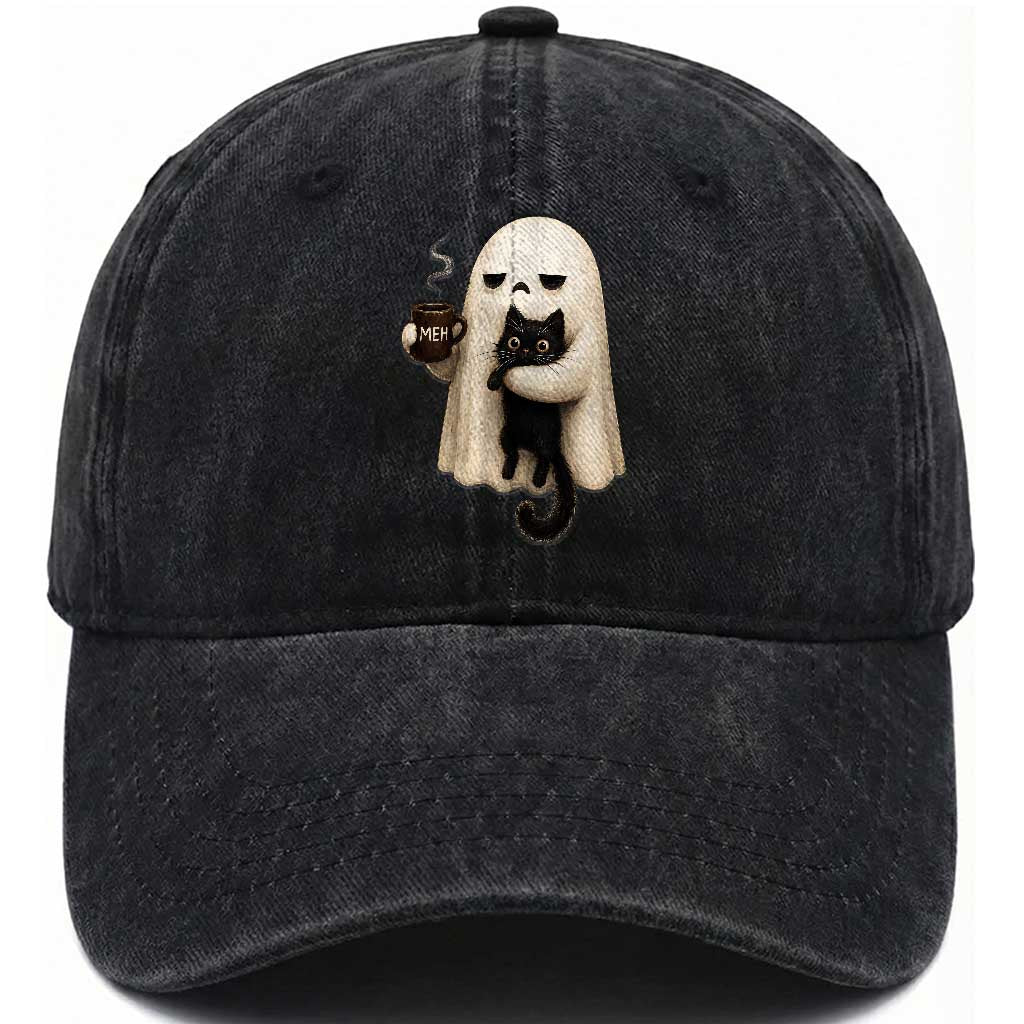 Meh Boojee Sleepy Ghost Holding Black Cat Drinking Coffee Washed Cotton Baseball Cap Spooky Halloween Cute Autumn Morning Mood Graphic TS02 Print Your Wear