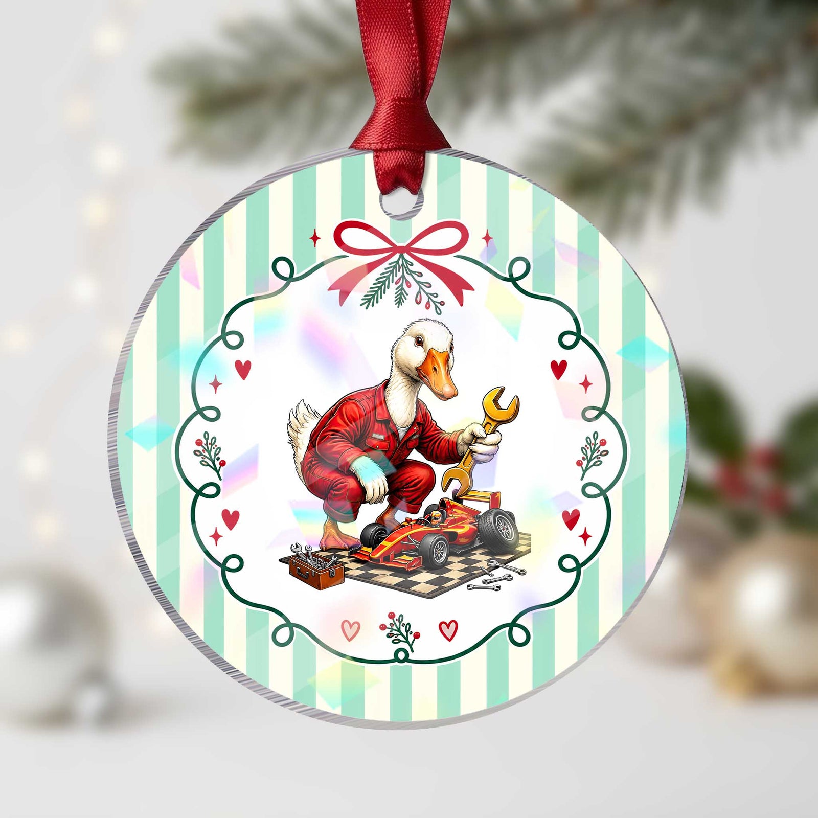 Funny Duck Mechanic Race Car Pit Crew Holographic Acrylic Ornament Motorsports Enthusiast Auto Repair