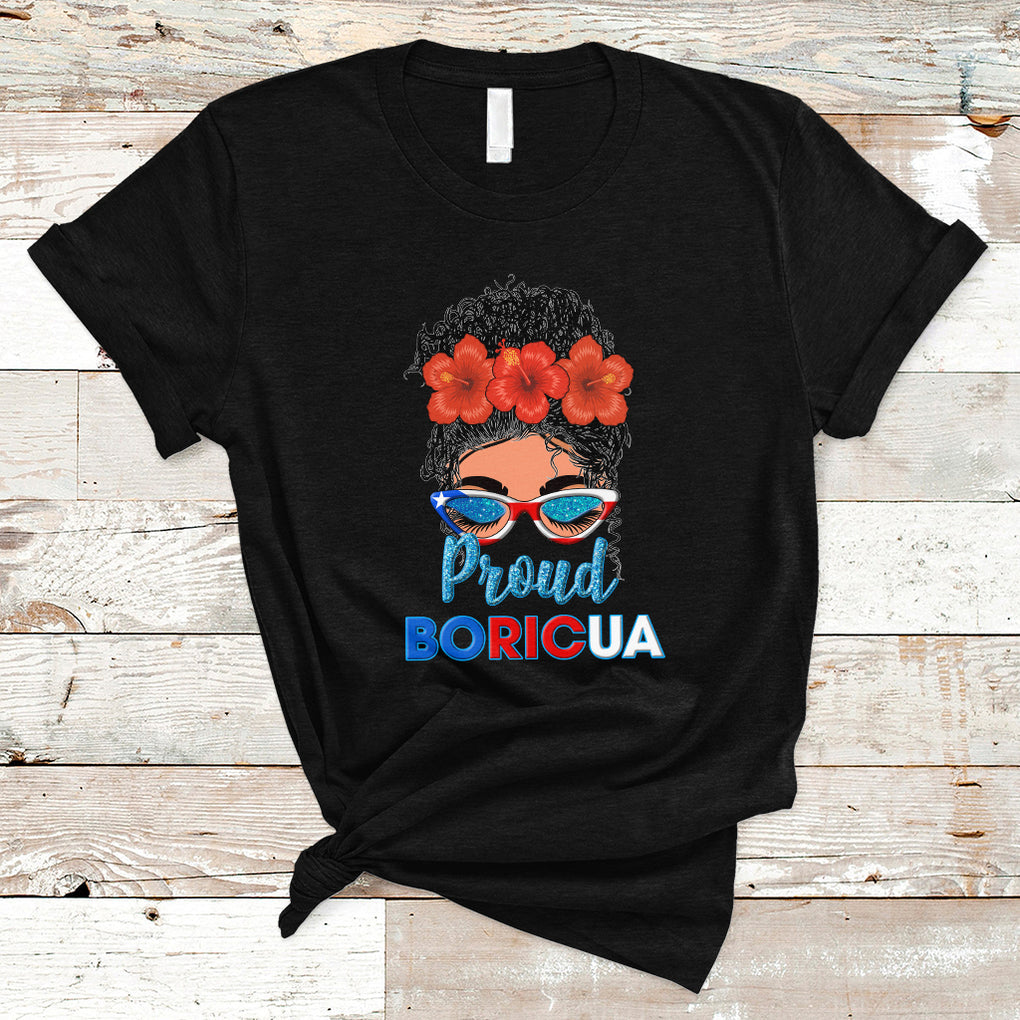 Proud Boricua Puerto Rico Flag Messy Bun Puerto Rican Women T Shirt TS02 Black Printyourwear